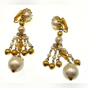 Vintage Gold Tone White Faux Pearl Dangling Clip On Earrings